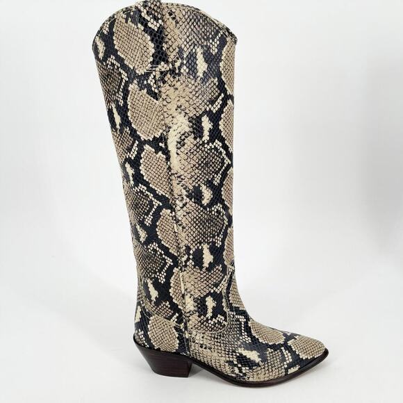 Loeffler Randall Dylan Tall Sand Snakeskin Embossed Block Heel Western Boot sz 6 - Picture 2 of 11